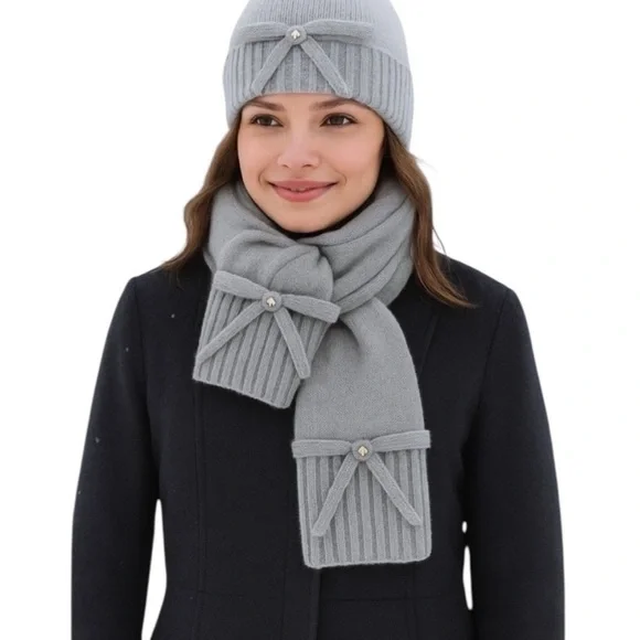 Kate Spade Black Knit Bow Hat and Scarf Set - Picture 4 of 5